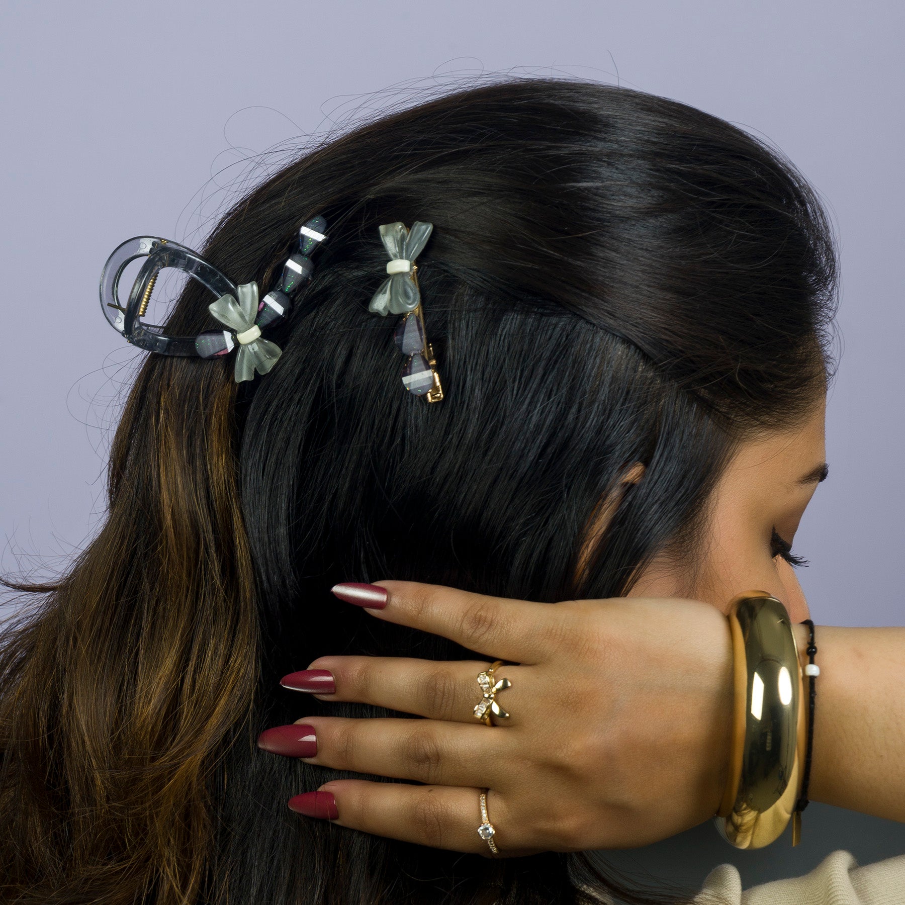Stone & Charm Hair Claw + 2 Pins (Set of 3) - UBK3066