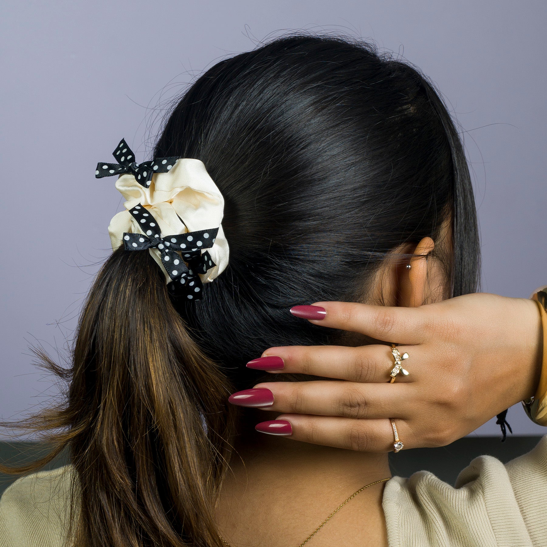 Satin Hair Scrunchie with Polka Dot Bows – UBK3104