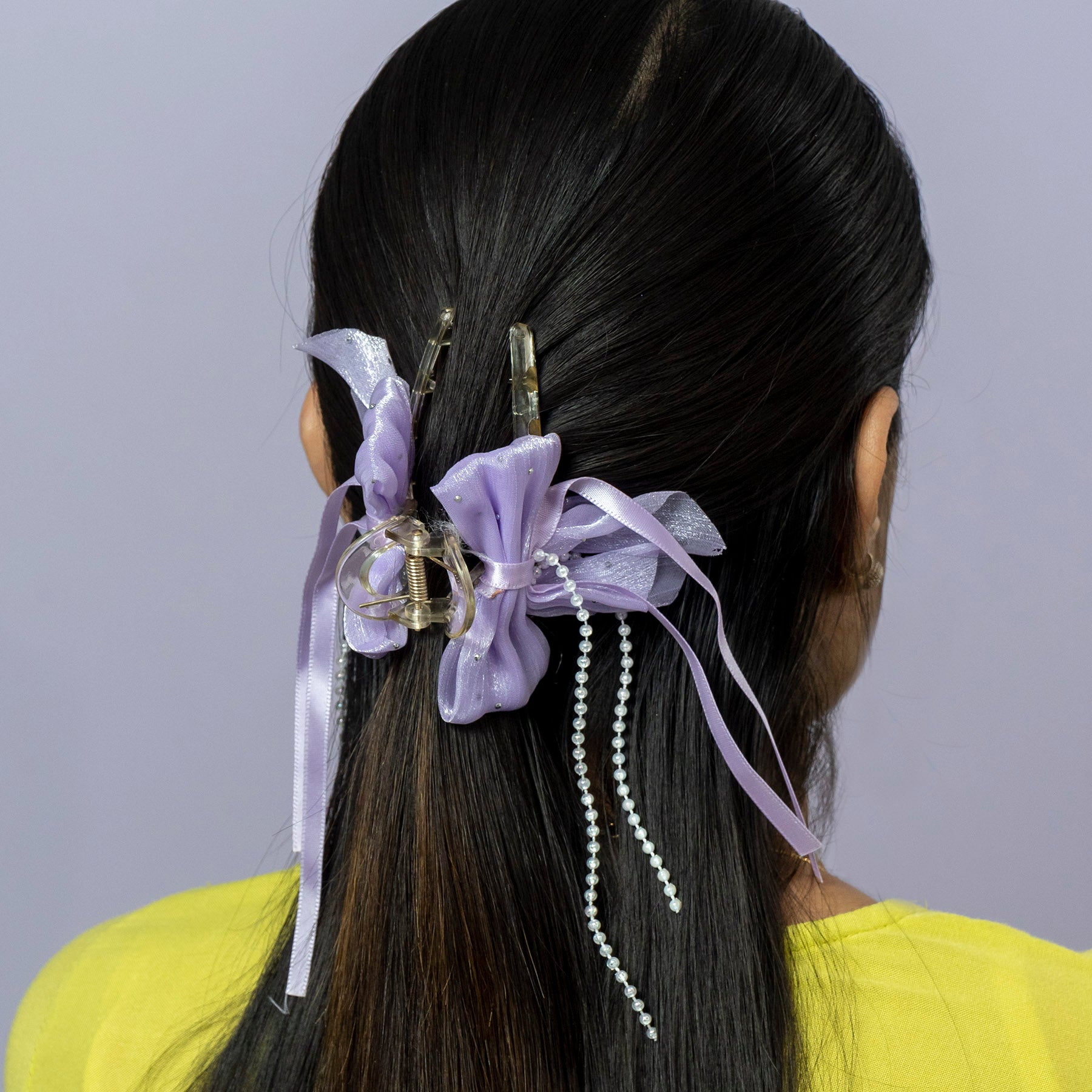 Luxury Organza Bow Hair Claw with Pearl Tassels – UBK3549