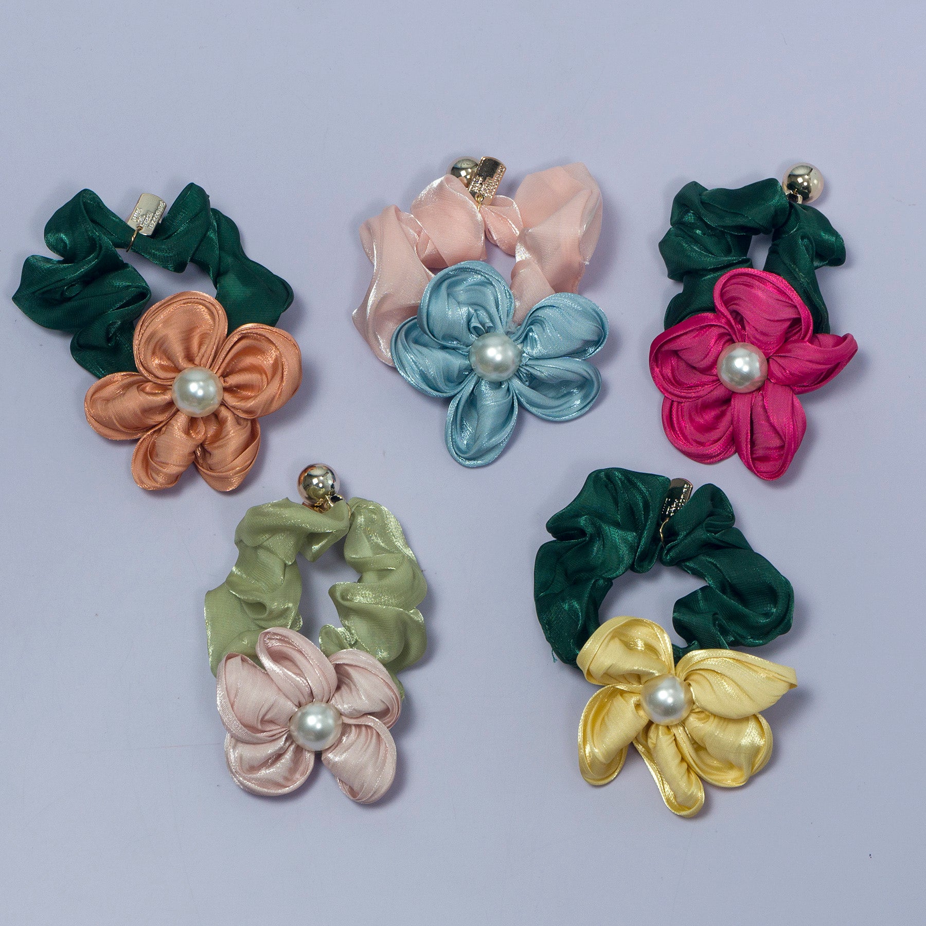 Satin Flower Pearl Hair Scrunchie – UBK3109