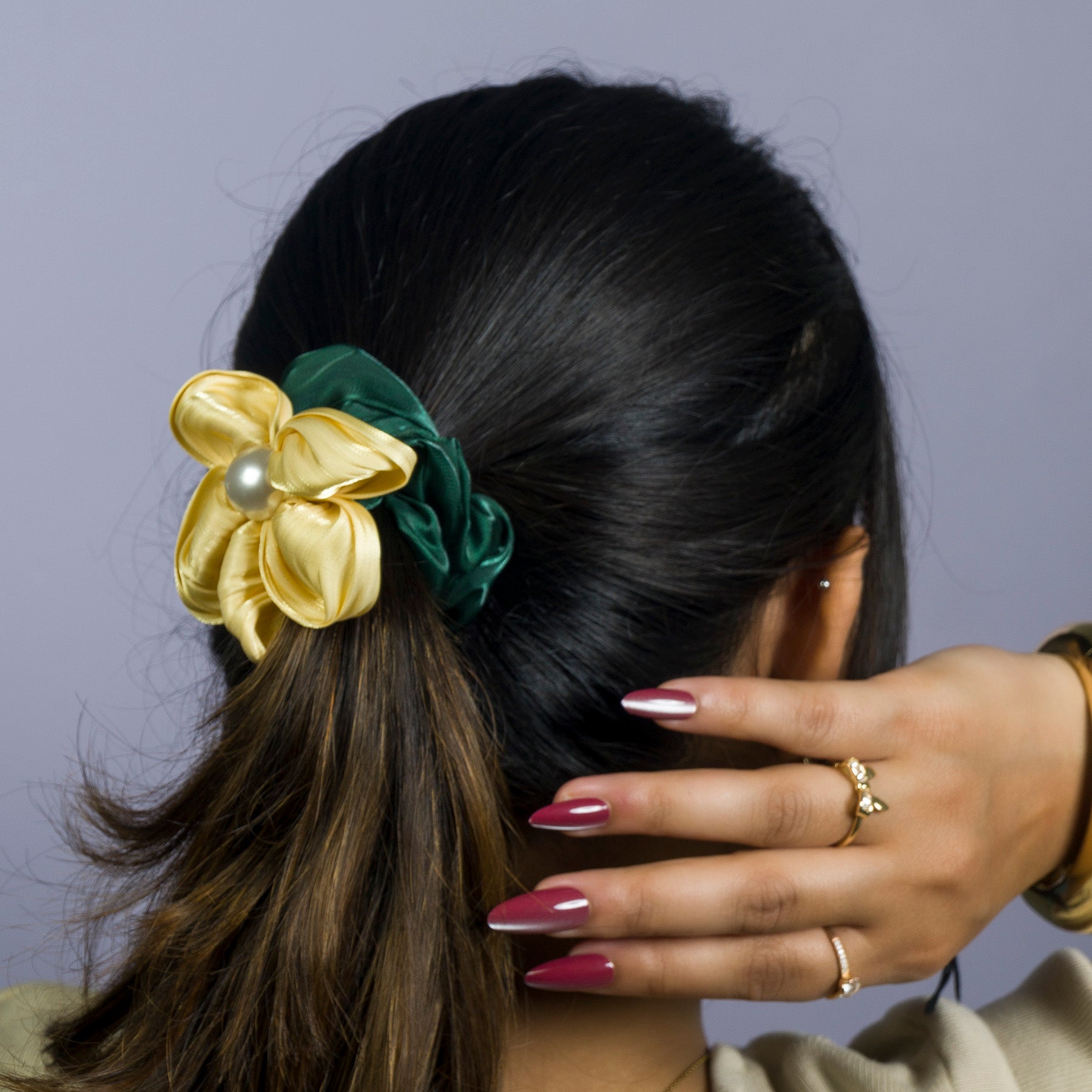 Satin Flower Pearl Hair Scrunchie – UBK3109