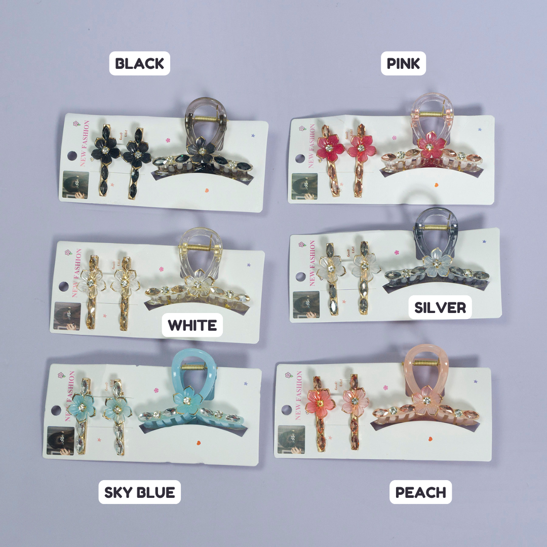 Stone & Charm Hair Claw + 2 Pins (Set of 3) - UBK3067